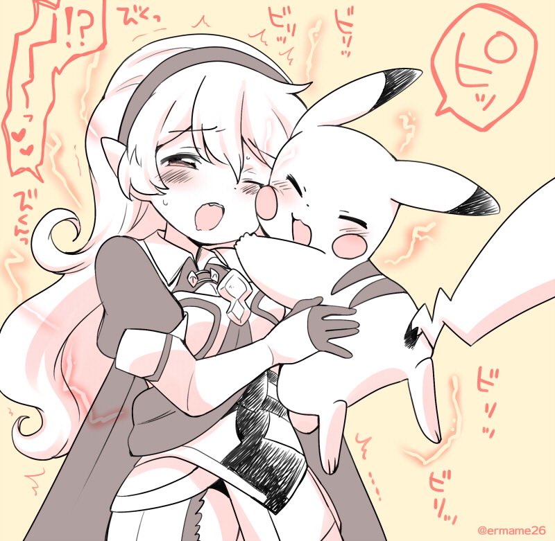 pikachu and female corrin (pokemon and 3 more) drawn by eromame
