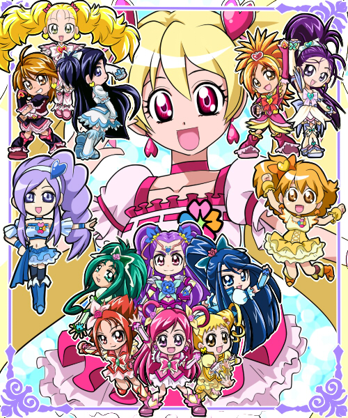 misumi nagisa, yukishiro honoka, momozono love, cure black, yumehara nozomi, and 24 more (precure and 7 more) drawn by santoo_takeshi