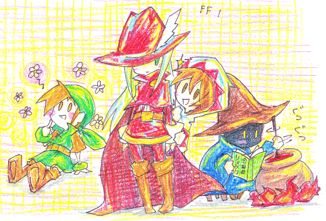 white mage, black mage, red mage, and thief (final fantasy and 1 more) drawn by shigunon