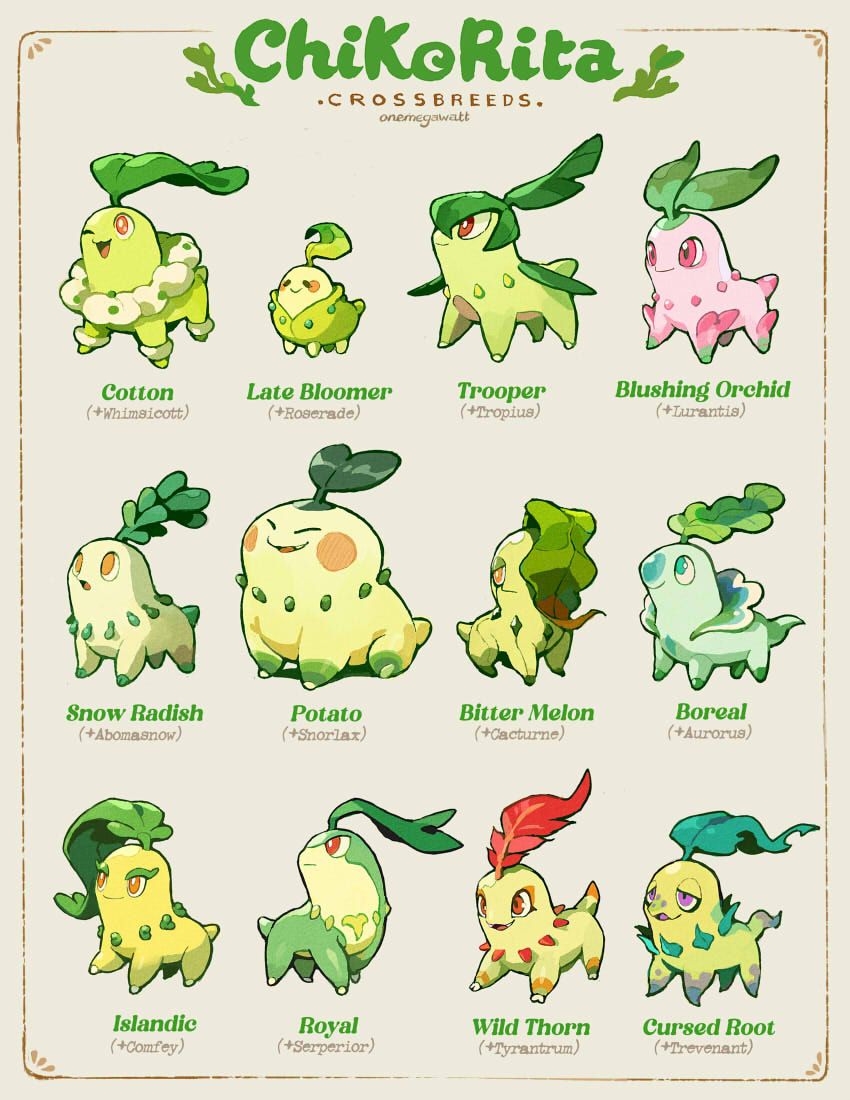 chikorita, snorlax, serperior, whimsicott, roserade, and 8 more (pokemon) drawn by onemegawatt