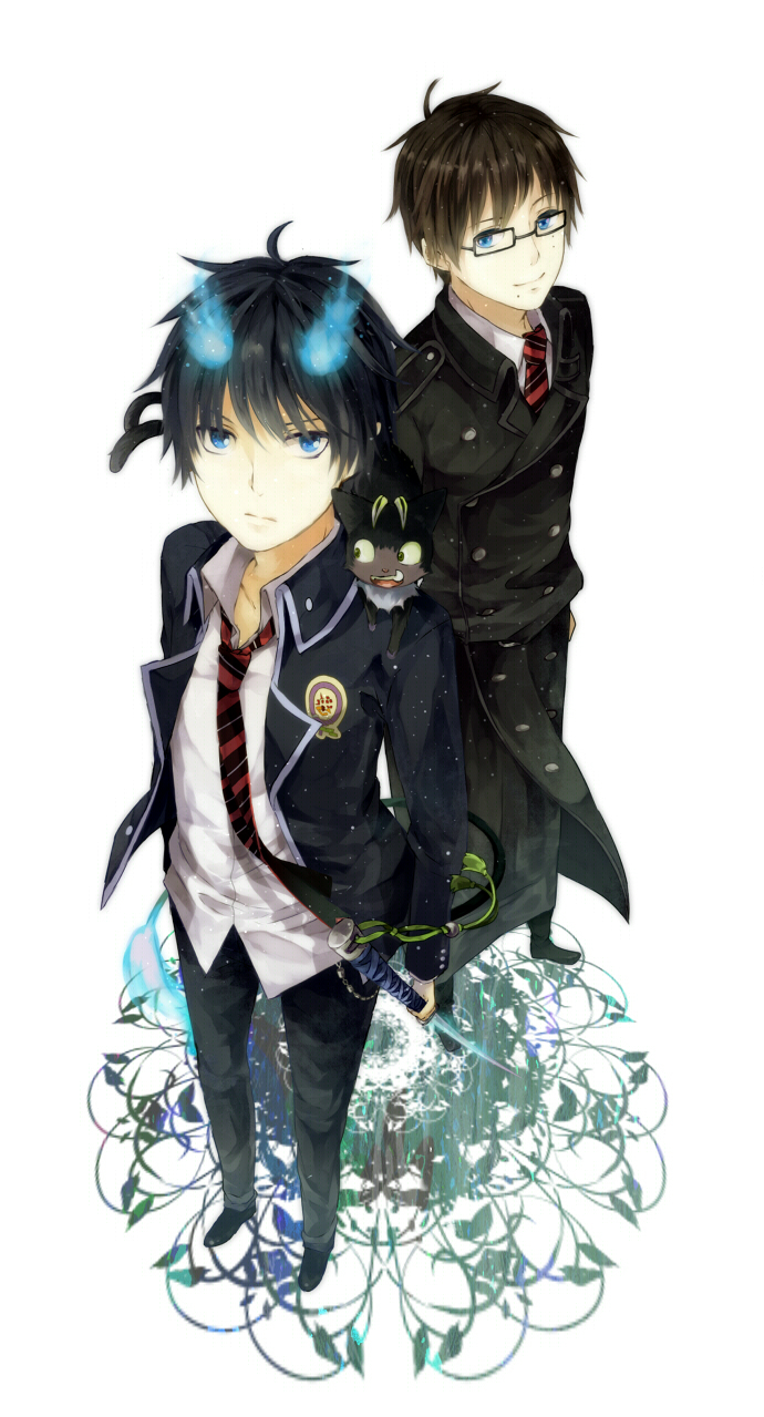 okumura rin, okumura yukio, and kuro (ao no exorcist) drawn by sakumochi41