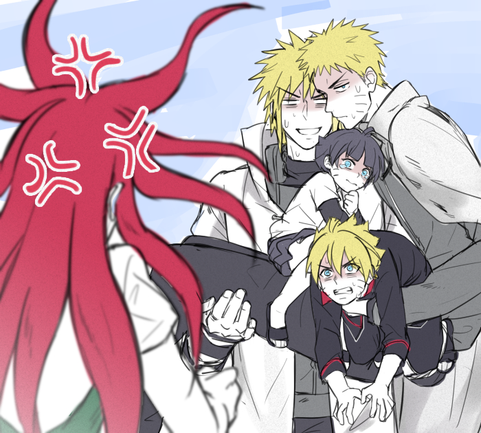 uzumaki naruto, uzumaki boruto, uzumaki himawari, uzumaki kushina, and namikaze minato (naruto) drawn by warable