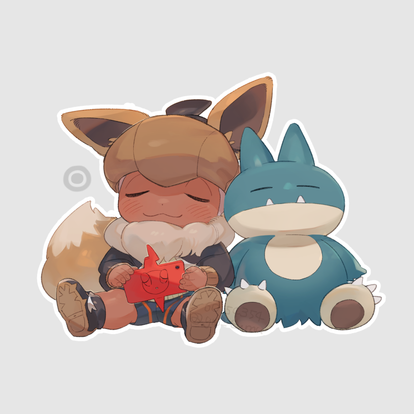 eevee, raihan, rotom, rotom phone, and munchlax (pokemon and 1 more) drawn by mutsuki_(gm_tumu)
