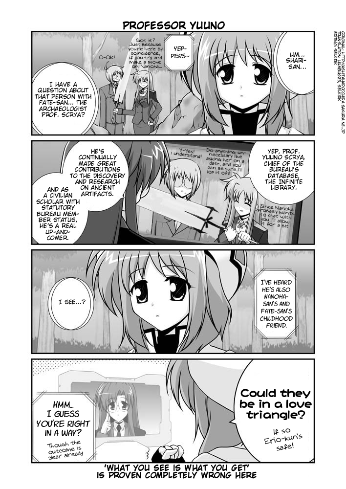 fate testarossa, bardiche, yuuno scrya, caro ru lushe, kerykeion, and 1 more (lyrical nanoha and 1 more) drawn by mikage_takashi