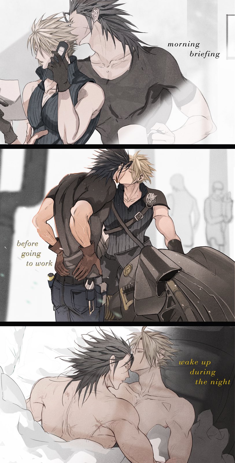 cloud strife, zack fair, and fenrir (final fantasy and 2 more) drawn by 2b_fff