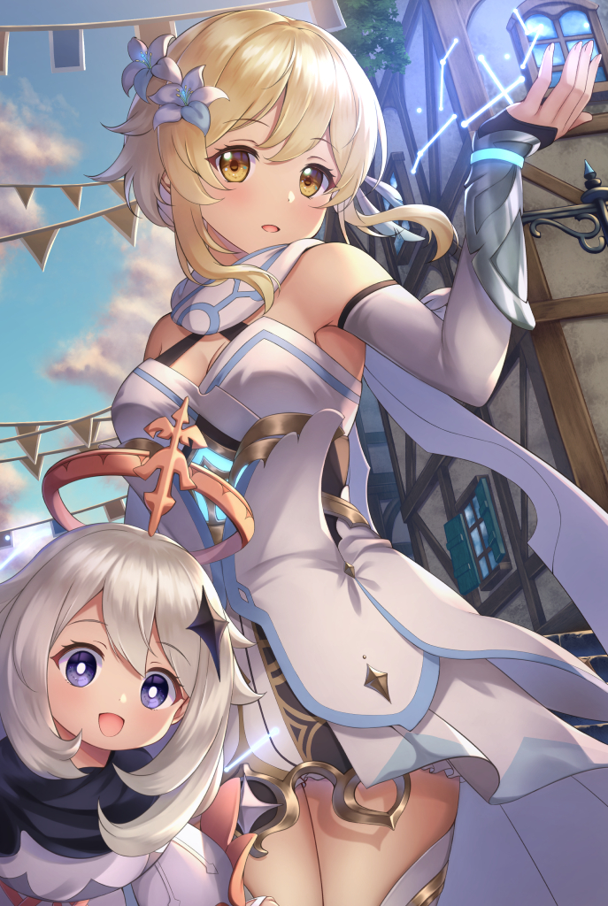 lumine and paimon (genshin impact) drawn by yuririn_poi