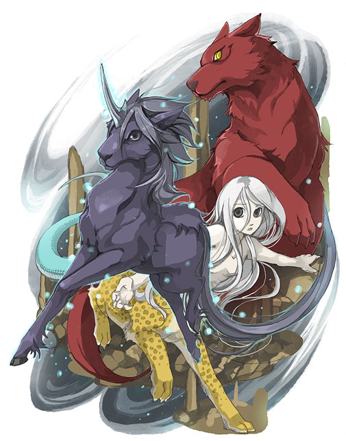 taiki, haku sanshi, and gohran (juuni kokuki) drawn by nimai