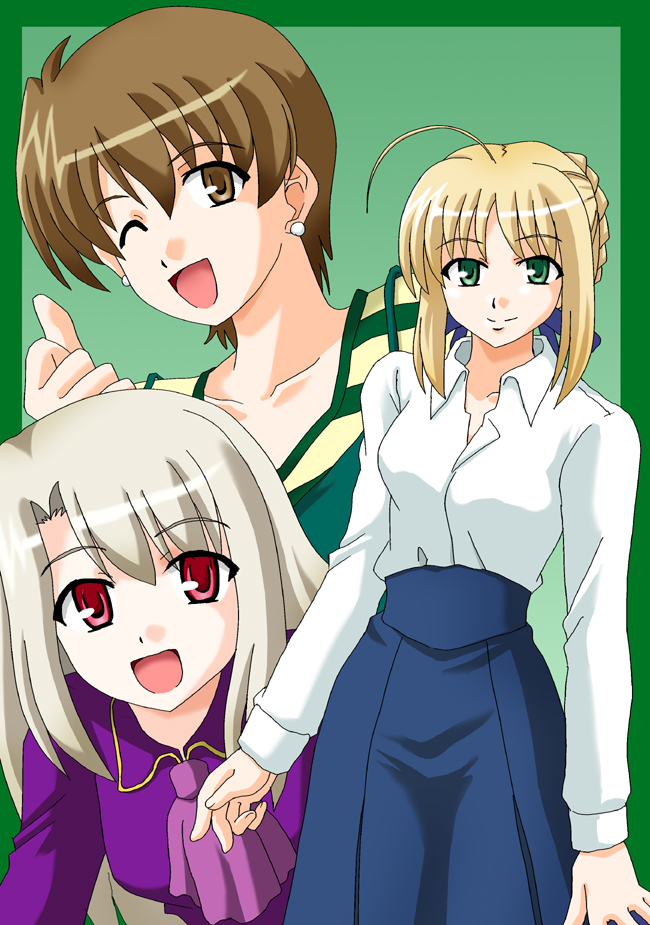 artoria pendragon, saber, illyasviel von einzbern, and fujimura taiga (fate and 1 more) drawn by ponzu_rui