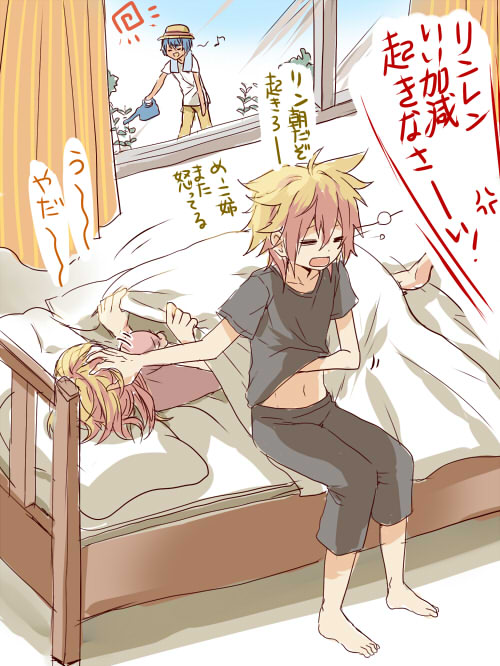 kagamine rin, kagamine len, and kaito (vocaloid) drawn by setora