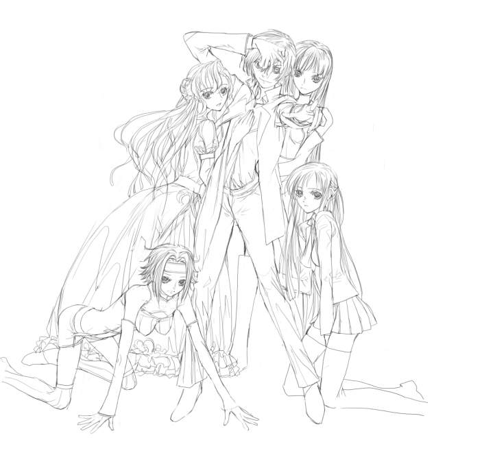 c.c., lelouch vi britannia, kouzuki kallen, euphemia li britannia, and shirley fenette (code geass) drawn by es_(cah60700)