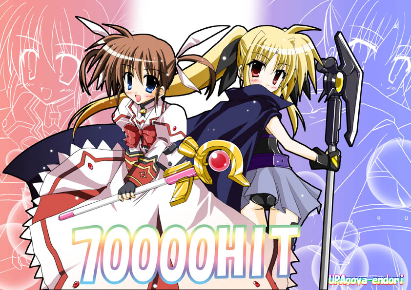 fate testarossa, takamachi nanoha, raising heart, and bardiche (lyrical nanoha and 2 more) drawn by endori