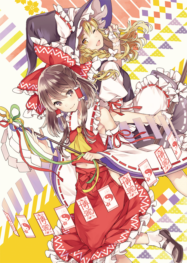 hakurei reimu and kirisame marisa (touhou and 2 more) drawn by macco