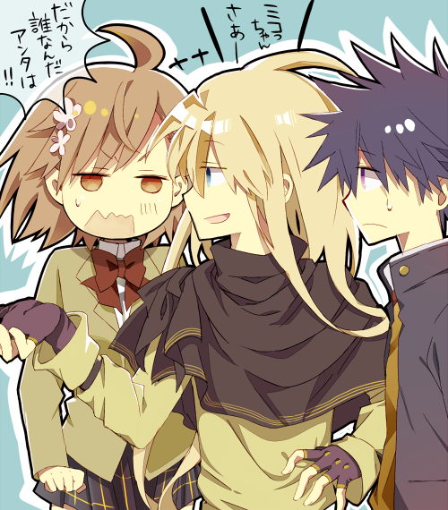 misaka mikoto, kamijou touma, and thor (toaru majutsu no index and 1 more) drawn by kanata_(mizubenisumutori)