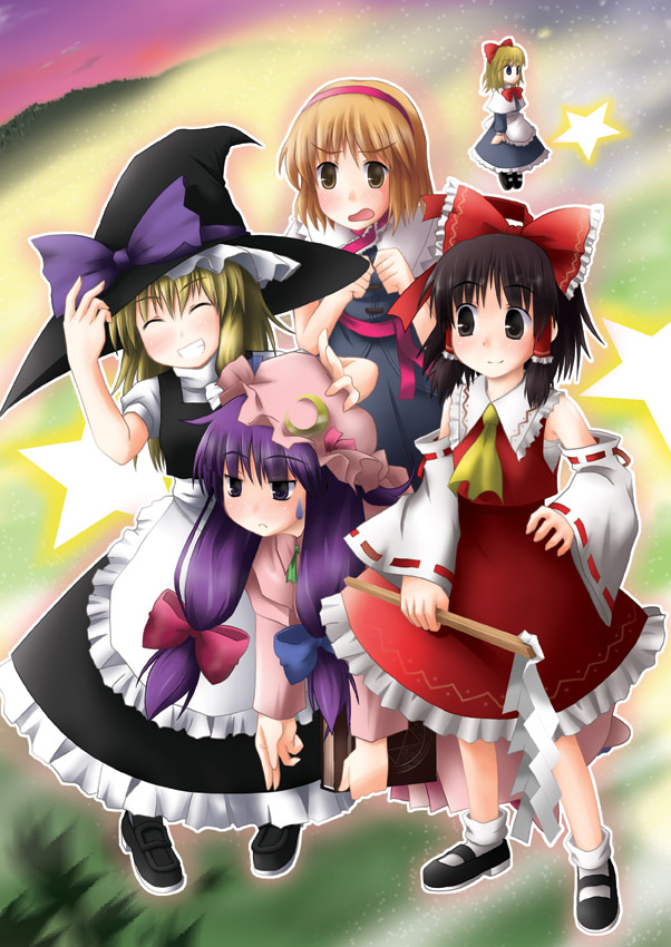 hakurei reimu, kirisame marisa, alice margatroid, patchouli knowledge, shanghai doll, and 1 more (touhou) drawn by kannazuki_hato