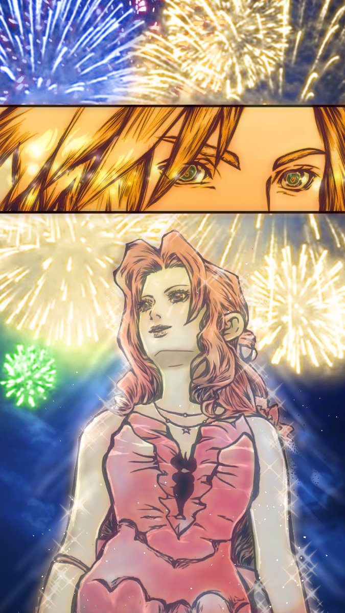 cloud strife and aerith gainsborough (final fantasy and 2 more) drawn by rakugaki_sanhai
