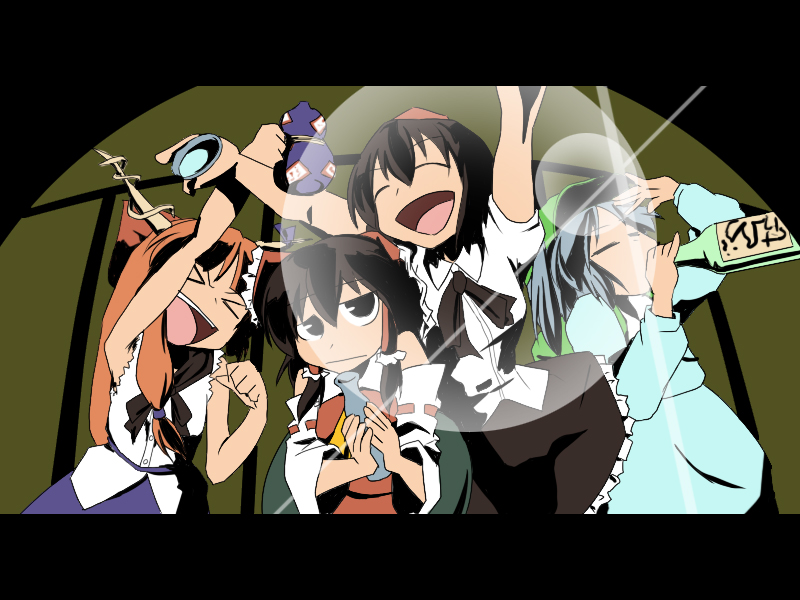 hakurei reimu, shameimaru aya, kawashiro nitori, and ibuki suika (touhou and 1 more) drawn by fukumoto_yutaka