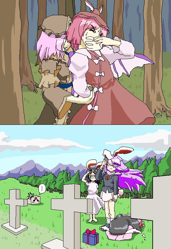 reisen udongein inaba, saigyouji yuyuko, houraisan kaguya, mystia lorelei, inaba tewi, and 1 more (touhou and 3 more) drawn by combat_wakamoto_(kouryokutei)