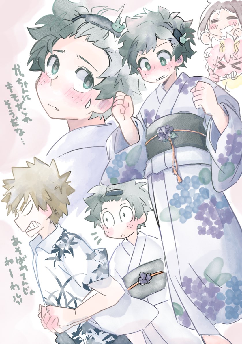 midoriya izuku, uraraka ochaco, bakugou katsuki, and ashido mina (boku no hero academia) drawn by kan_(k_mham1212)