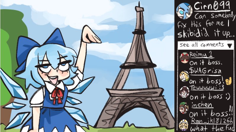 hakurei reimu, kirisame marisa, cirno, yakumo ran, and chen (touhou) drawn by kecchi0