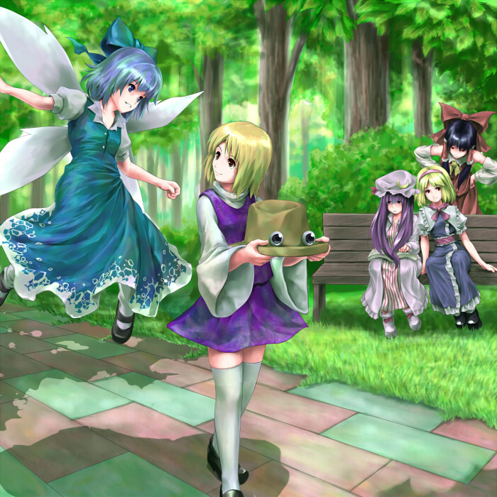 hakurei reimu, alice margatroid, cirno, patchouli knowledge, moriya suwako, and 1 more (touhou) drawn by eno_(whiskeyne)