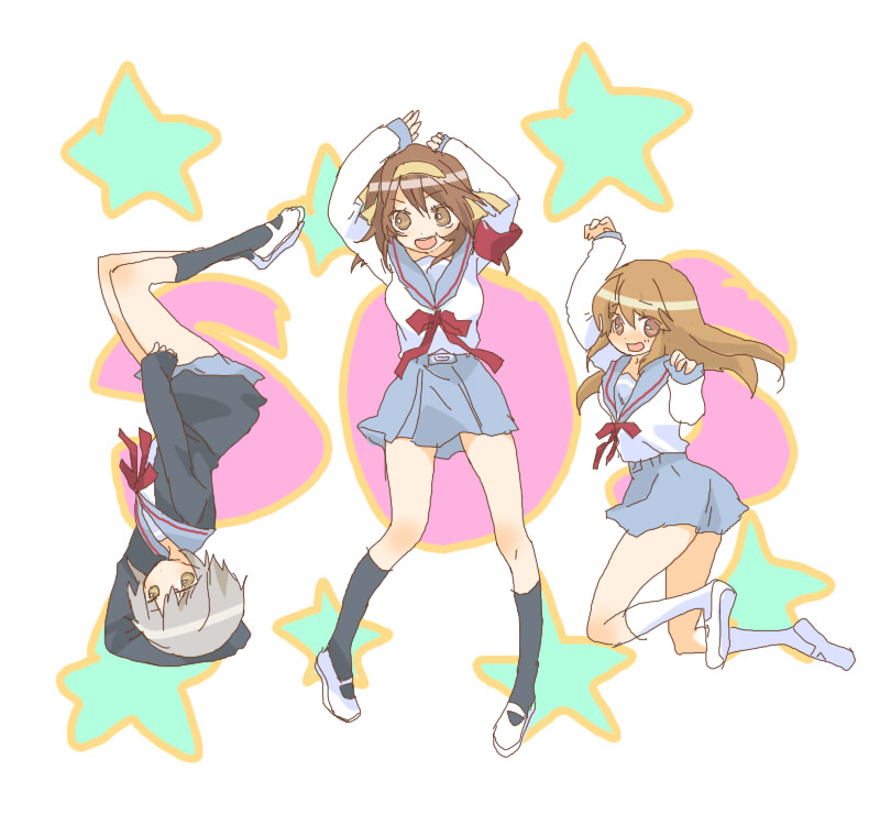 suzumiya haruhi, nagato yuki, and asahina mikuru (suzumiya haruhi no yuuutsu) drawn by machiko_(beard)