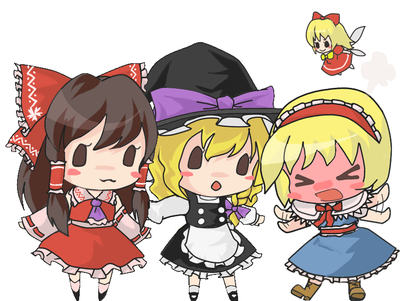 hakurei reimu, kirisame marisa, alice margatroid, and shanghai doll (touhou) drawn by zuu_(turedure)