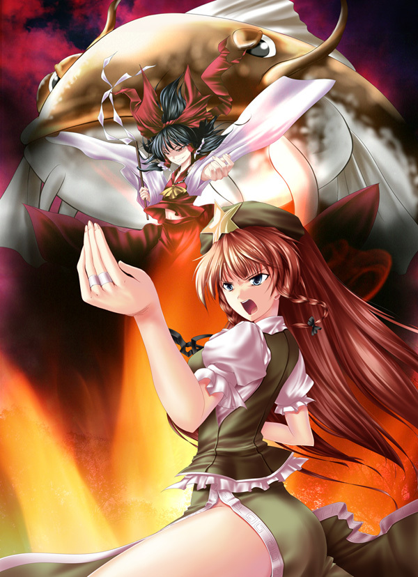 hakurei reimu, hong meiling, and namazu (touhou) drawn by wakanita