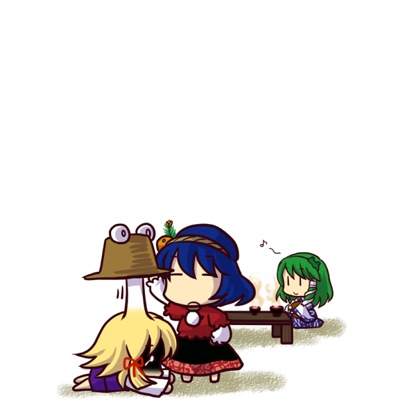 kochiya sanae, moriya suwako, yasaka kanako, and pyonta (touhou) drawn by socha