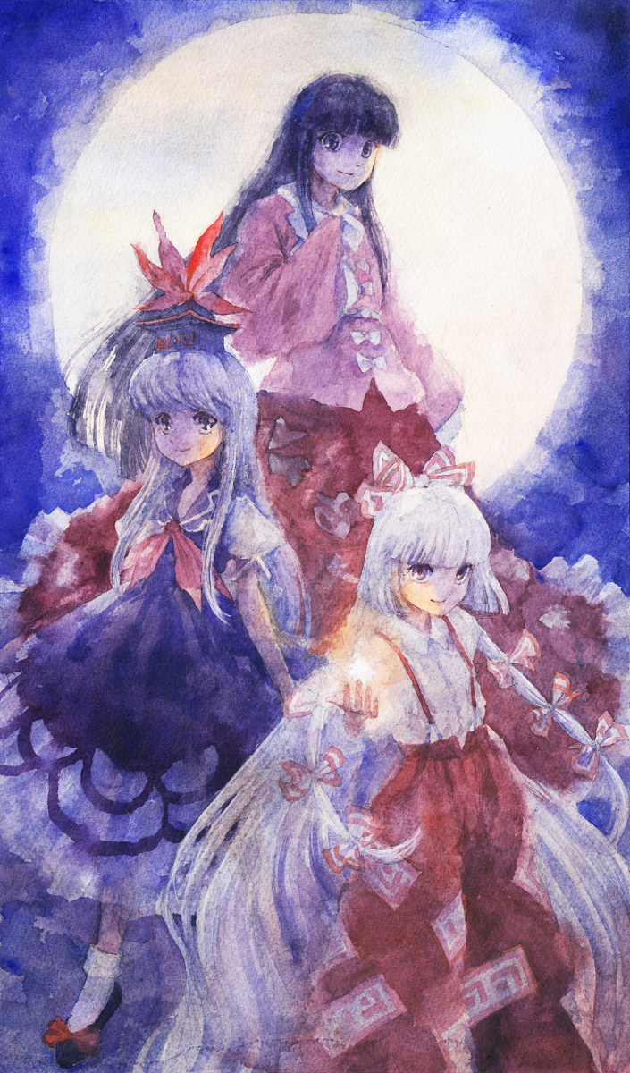 fujiwara no mokou, kamishirasawa keine, and houraisan kaguya (touhou) drawn by misawa_hiroshi