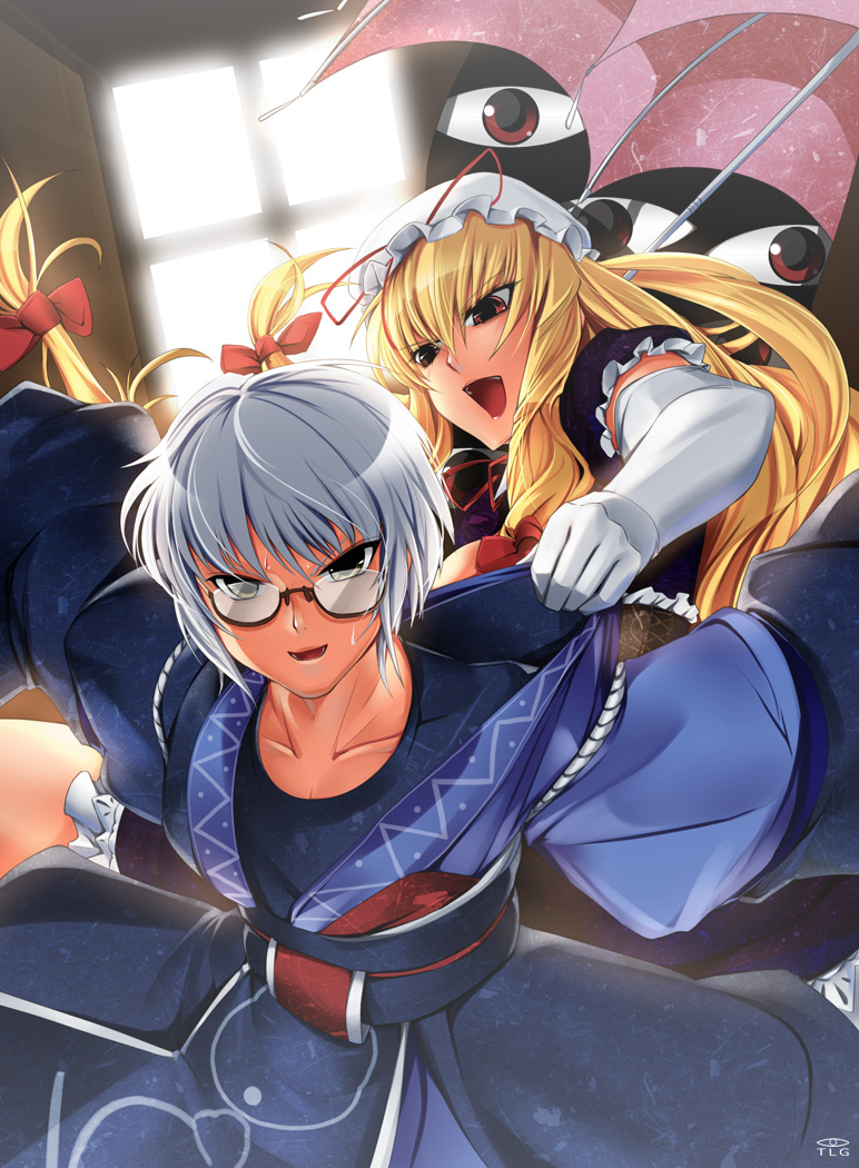 yakumo yukari and morichika rinnosuke (touhou) drawn by bowalia