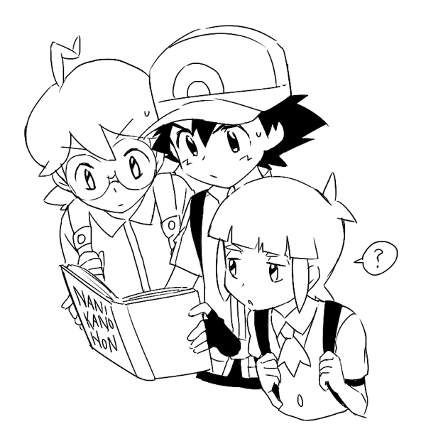 ash ketchum, clemont, and sawyer (pokemon and 1 more) drawn by djmn_c