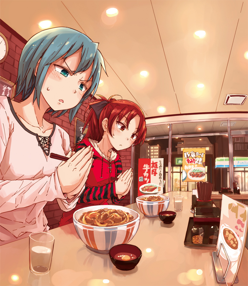 miki sayaka and sakura kyoko (mahou shoujo madoka magica) drawn by ryuunosuke_(luckyneco)