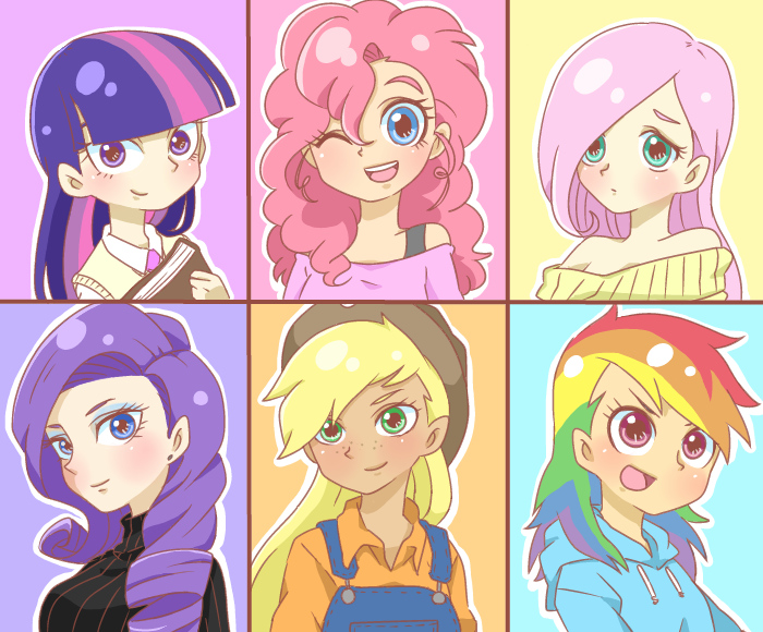 twilight sparkle, fluttershy, rainbow dash, pinkie pie, rarity, and 1 more (my little pony and 1 more) drawn by moyori