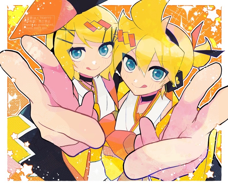 kagamine rin, kagamine len, magical mirai len, and magical mirai rin (vocaloid and 1 more) drawn by takamiya_yuu