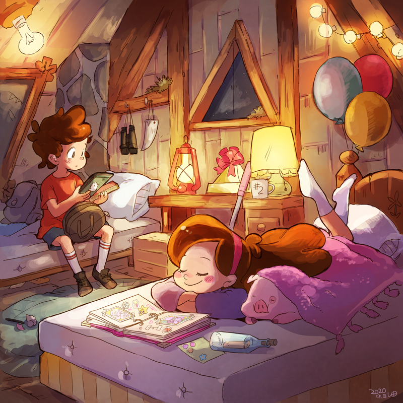 mabel pines, dipper pines, and waddles (gravity falls) drawn by umeda_yoshio