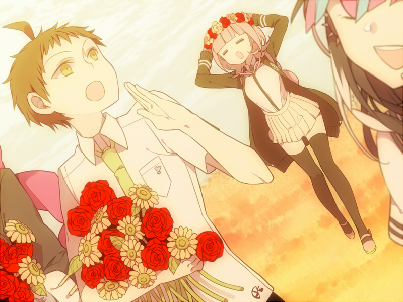 nanami chiaki, hinata hajime, mioda ibuki, and tanaka gundham (danganronpa and 1 more) drawn by lari