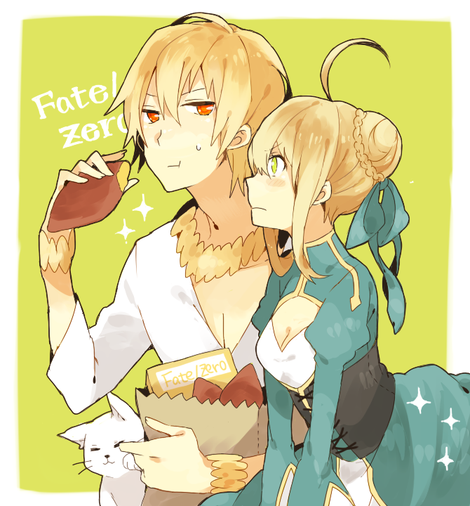artoria pendragon, saber, and gilgamesh (fate and 1 more) drawn by waltz_(tram)