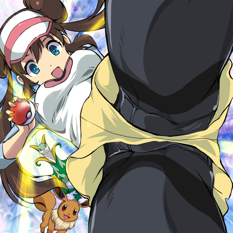 rosa, eevee, and serperior (pokemon and 1 more) drawn by kamisimo_90