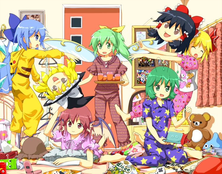 hakurei reimu, kirisame marisa, cirno, rumia, mystia lorelei, and 9 more (touhou and 7 more) drawn by ruu_(tksymkw)