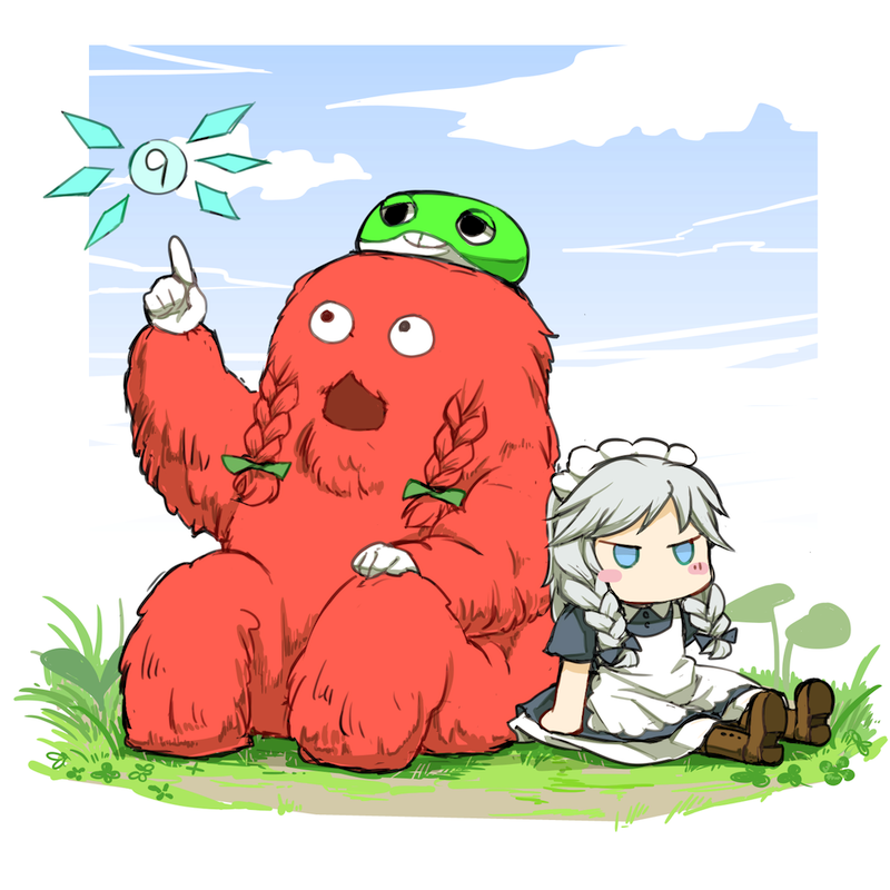 izayoi sakuya, cirno, hong meiling, gachapin, and mukku (touhou and 1 more) drawn by chamaruk