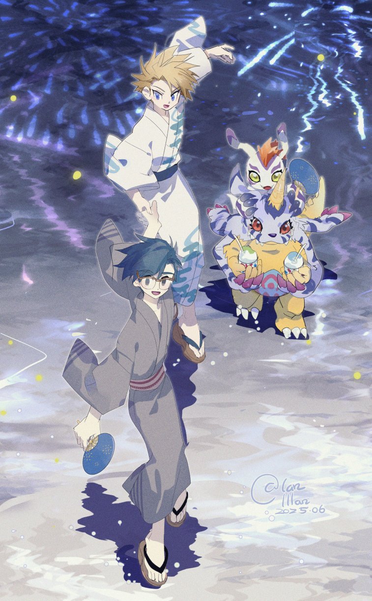 ishida yamato, gabumon, kido jo, and gomamon (digimon and 1 more) drawn by lanlllan