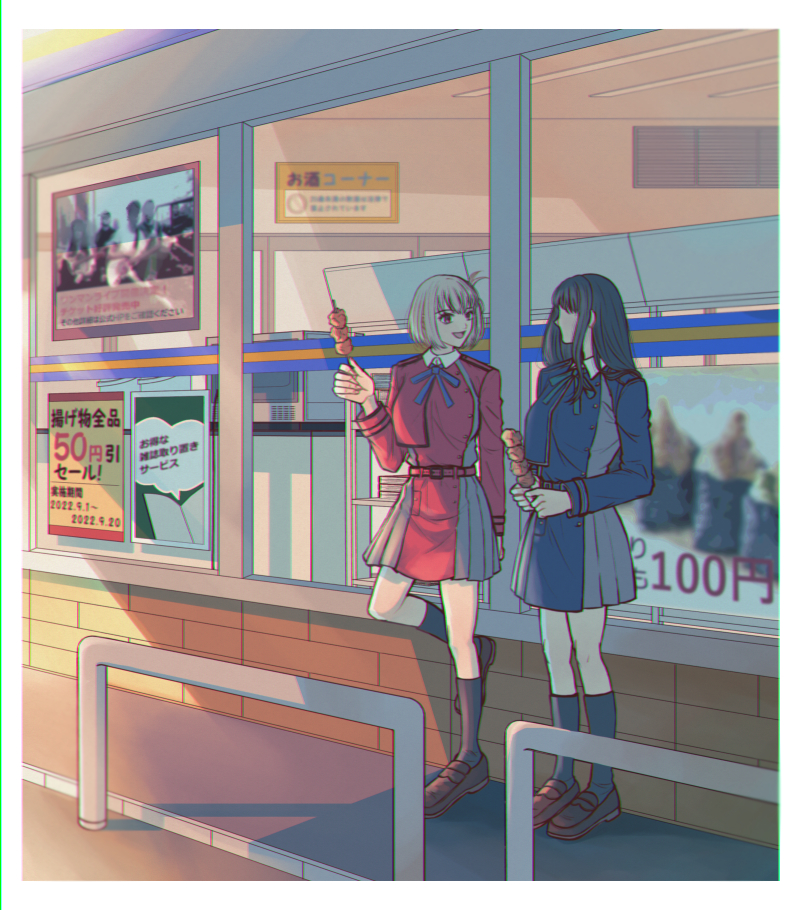 nishikigi chisato and inoue takina (lycoris recoil) drawn by kumabehaso