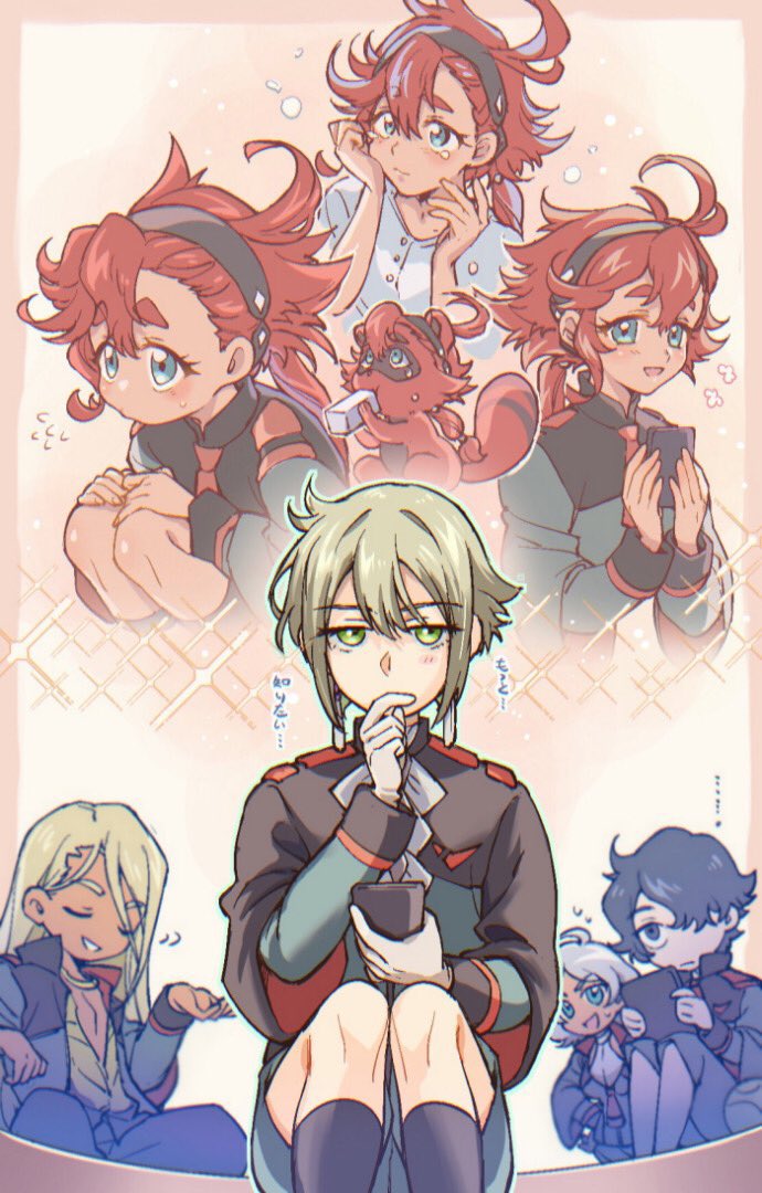 suletta mercury, secelia dote, elan ceres, shaddiq zenelli, and rouji chante (gundam and 1 more) drawn by suzuki_(2red_moon3)