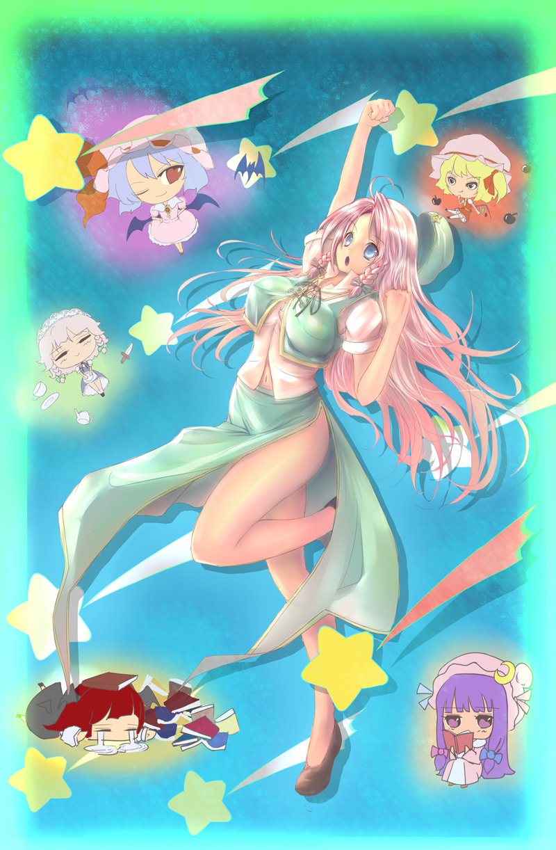 remilia scarlet, flandre scarlet, izayoi sakuya, patchouli knowledge, hong meiling, and 1 more (touhou and 1 more) drawn by matsukaze881