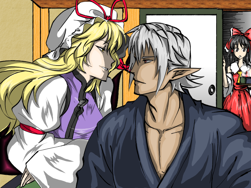 hakurei reimu, yakumo yukari, and buront (touhou and 3 more) drawn by maruman