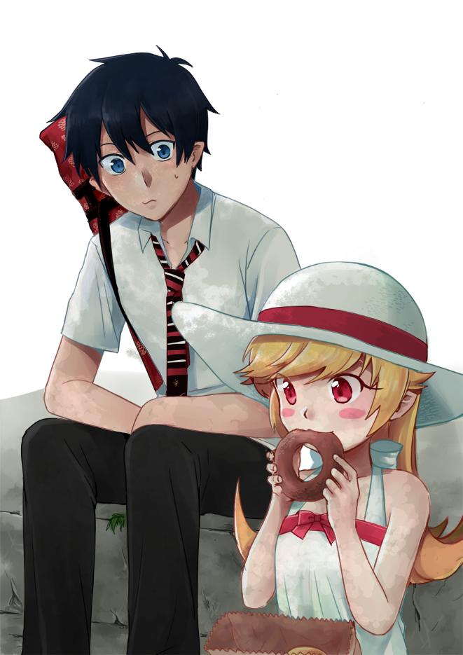 oshino shinobu and okumura rin (monogatari and 2 more) drawn by nara