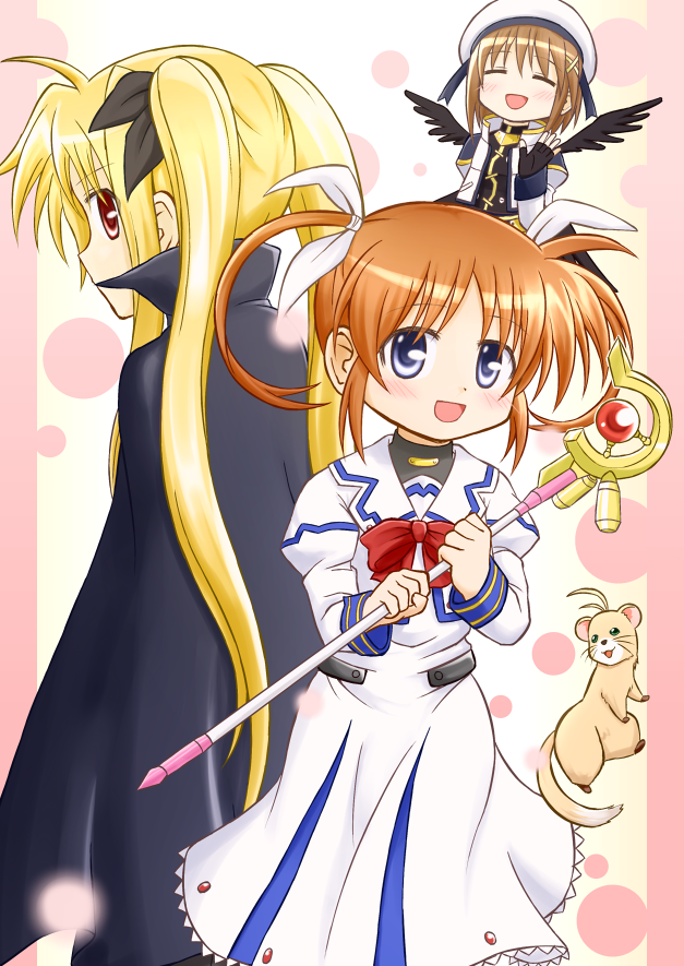 fate testarossa, takamachi nanoha, yagami hayate, raising heart, and yuuno scrya (lyrical nanoha and 2 more) drawn by nichika_(nitikapo)