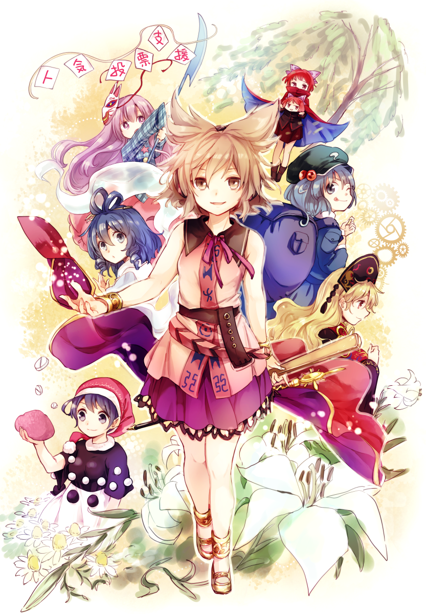 kawashiro nitori, toyosatomimi no miko, kaku seiga, hata no kokoro, junko, and 2 more (touhou) drawn by makuwauri