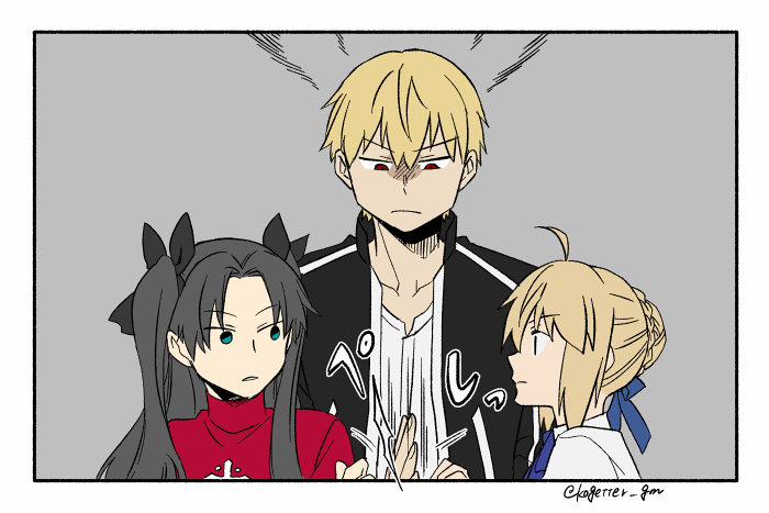 artoria pendragon, saber, tohsaka rin, and gilgamesh (fate and 1 more) drawn by moonlight_0423