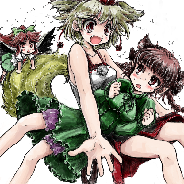 inubashiri momiji, kaenbyou rin, and reiuji utsuho (touhou) drawn by nanashii_(soregasisan)